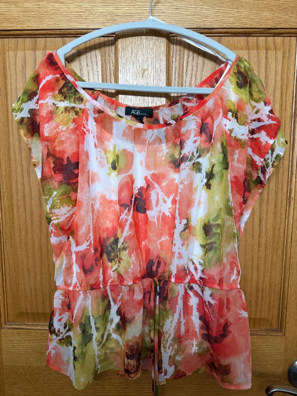 AGB Coral, Olive & White Watercolor Floral Peplum Top